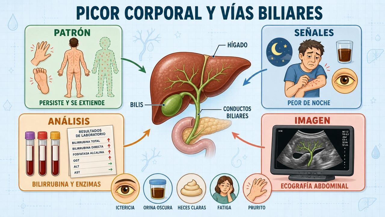 Patrón, señales, análisis e imagen para detectar prurito de posible origen biliar.