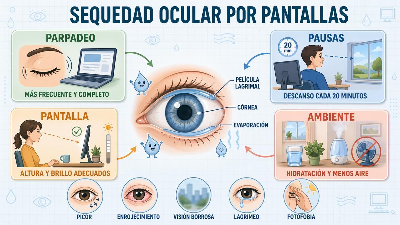 Parpadeo, pausas, ajuste de pantalla y ambiente alivian la sequedad ocular.