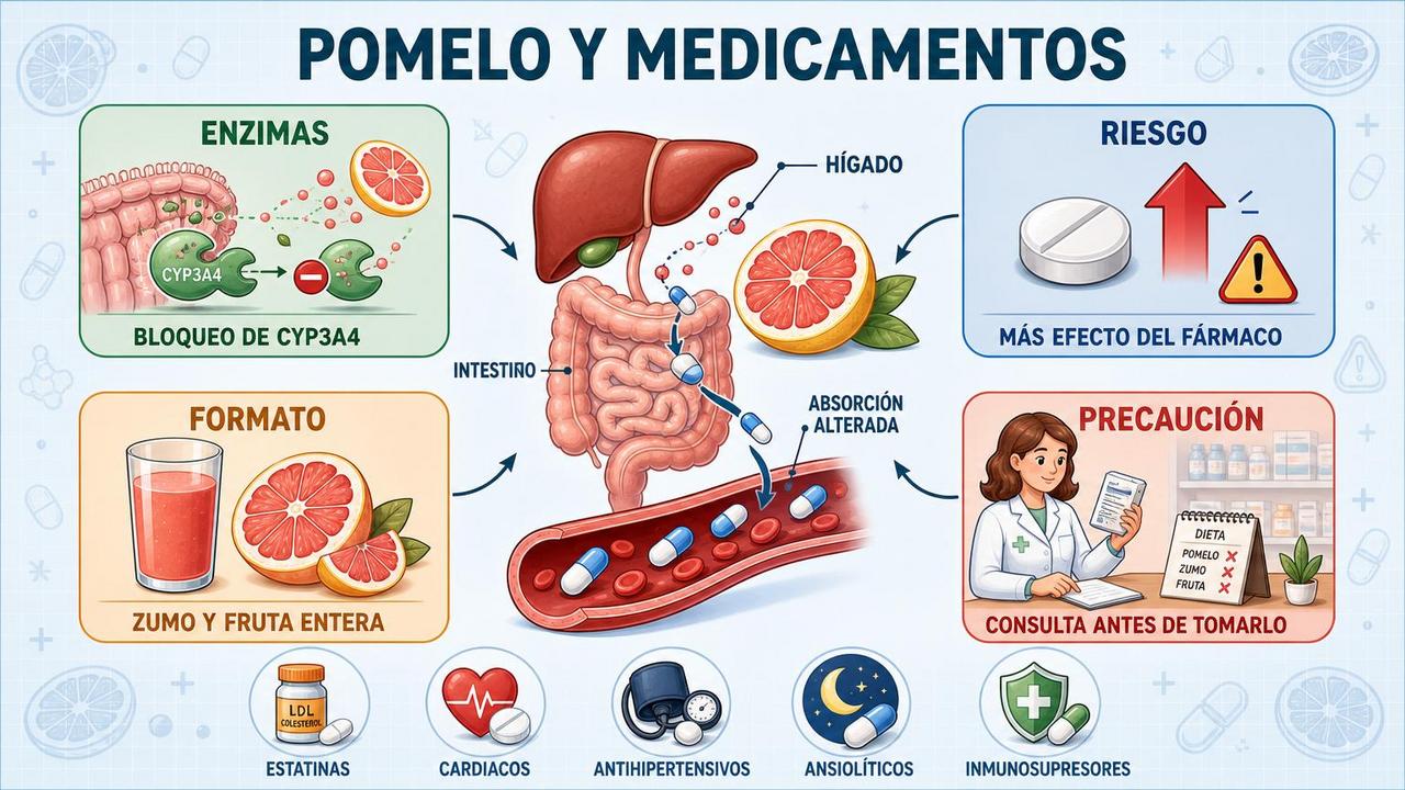 Enzimas, riesgo, formato y precaución resumen la interacción entre pomelo y fármacos.