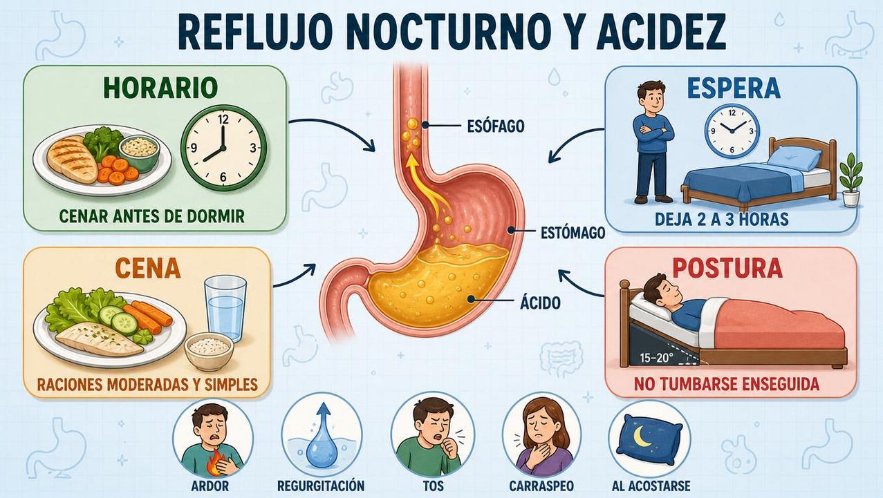 Horario, espera, cena y postura influyen en la acidez nocturna.
