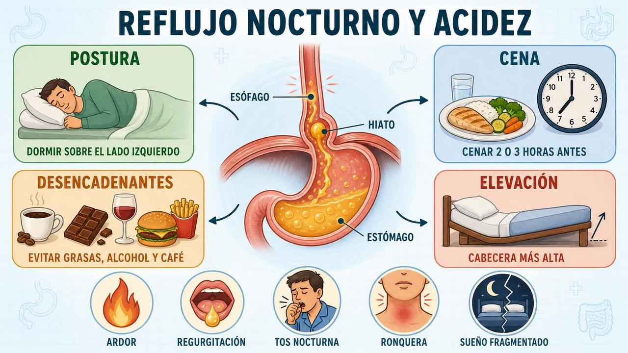 Postura, cena, desencadenantes y elevación ayudan a reducir la acidez nocturna.