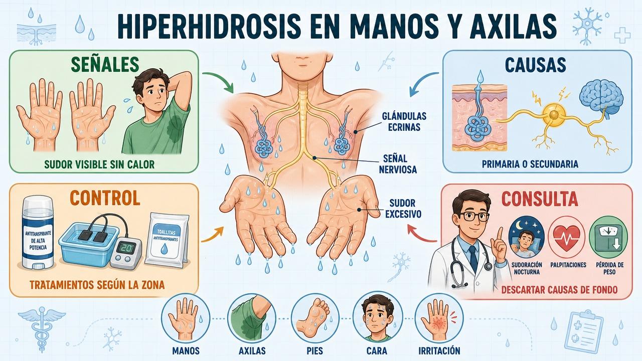 Señales, causas, control y consulta médica en la hiperhidrosis.