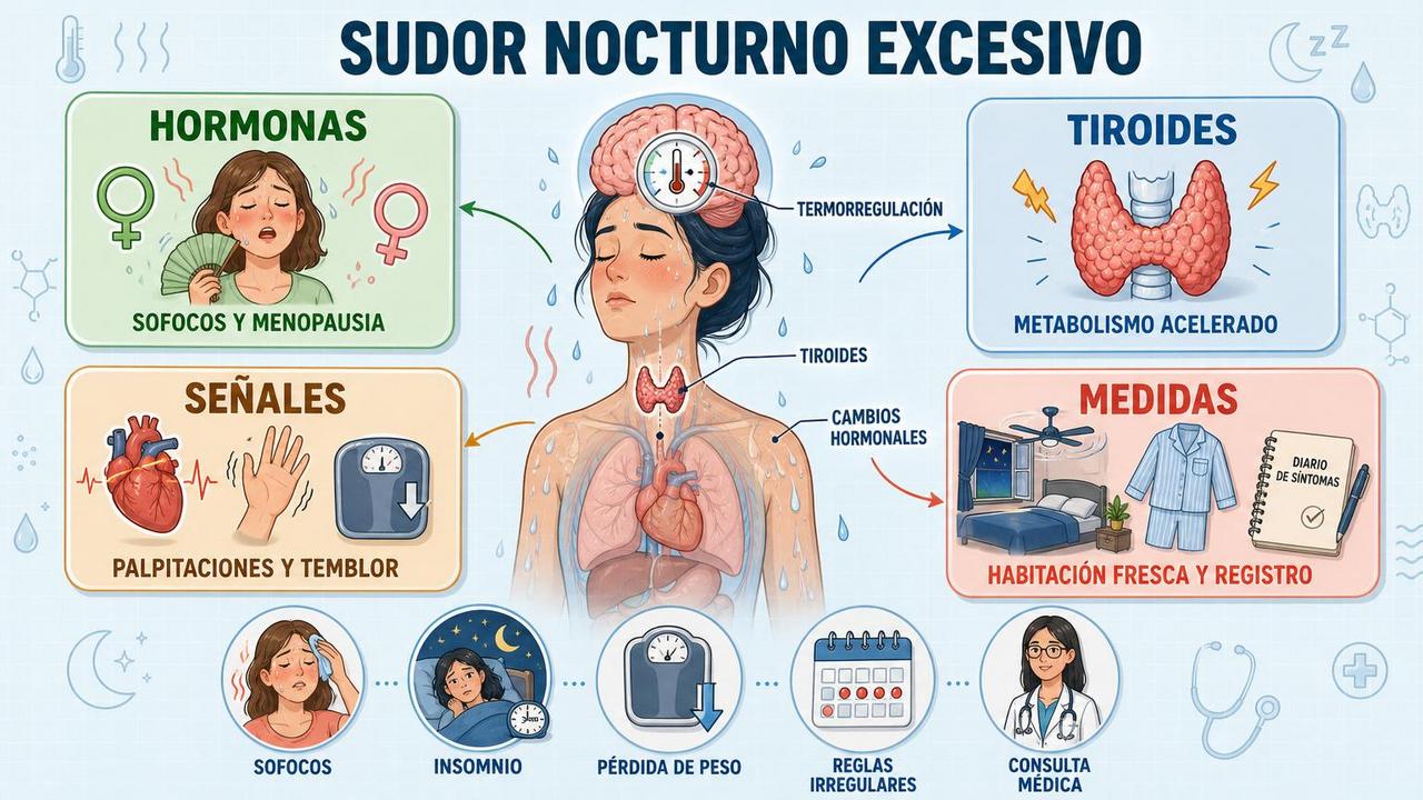 Hormonas, tiroides, señales y medidas clave ante el sudor nocturno.