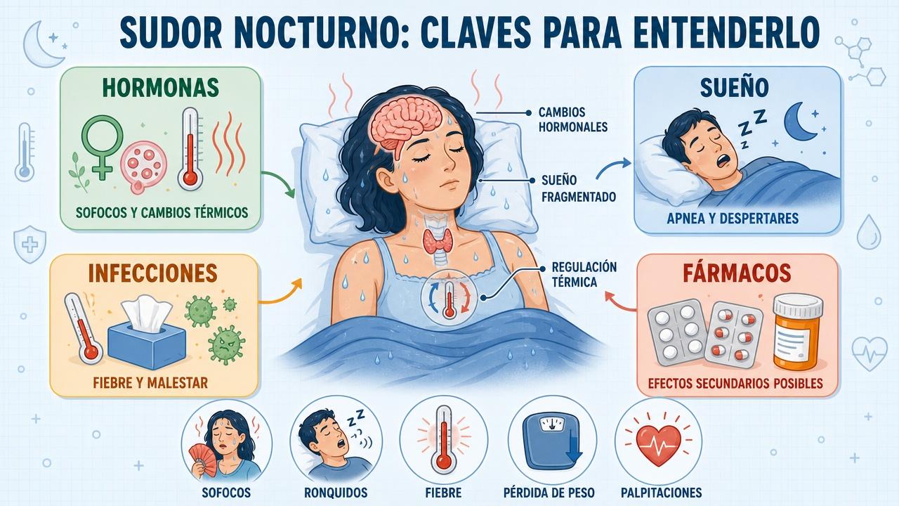 Hormonas, sueño, infecciones y fármacos orientan la causa del sudor nocturno.
