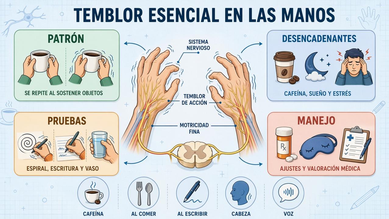 Patrón, desencadenantes, pruebas y manejo del temblor esencial de manos.