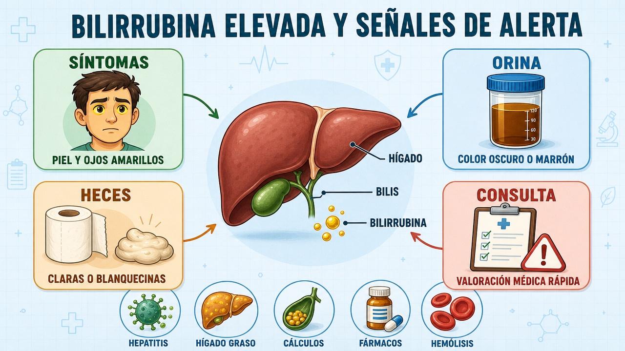Síntomas, señales y causas frecuentes de la bilirrubina elevada.
