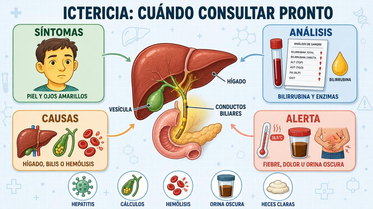 Síntomas, análisis, causas y señales de alarma para valorar la ictericia.