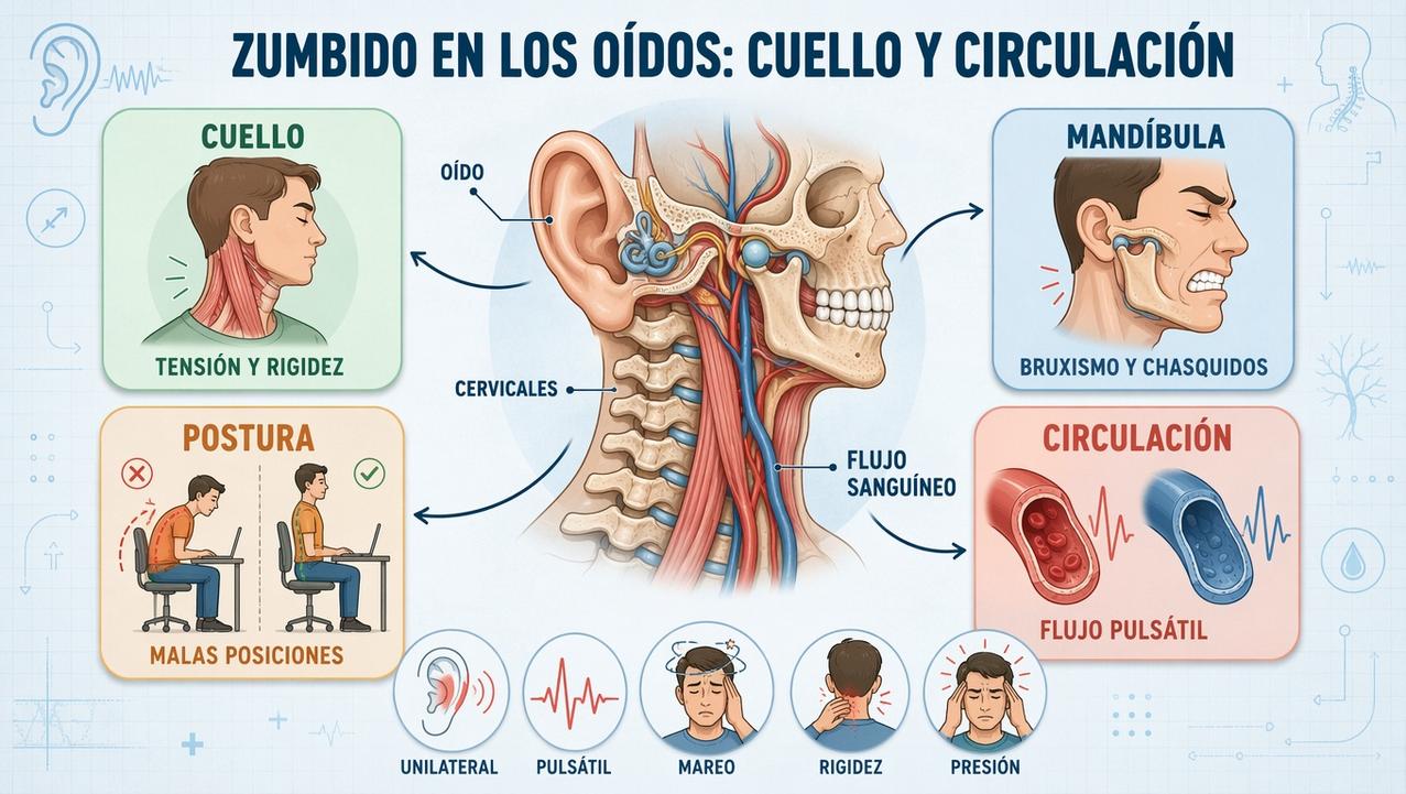 Cuatro claves para entender el zumbido: cuello, mandíbula, postura y circulación.