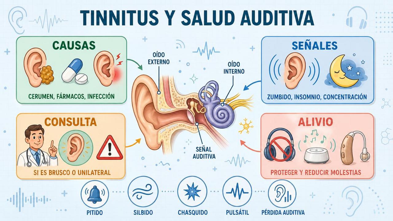 Causas, señales, consulta médica y alivio del tinnitus en una infografía.