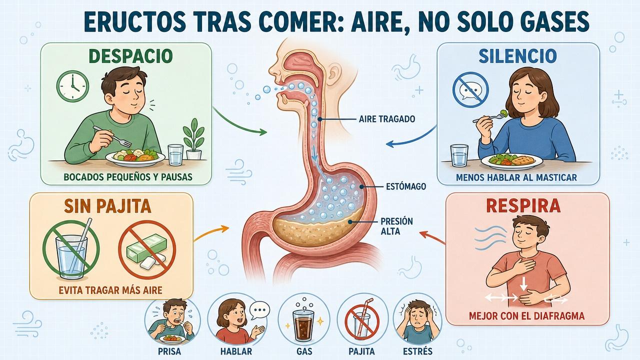 Cuatro hábitos clave para reducir eructos y tragar menos aire.