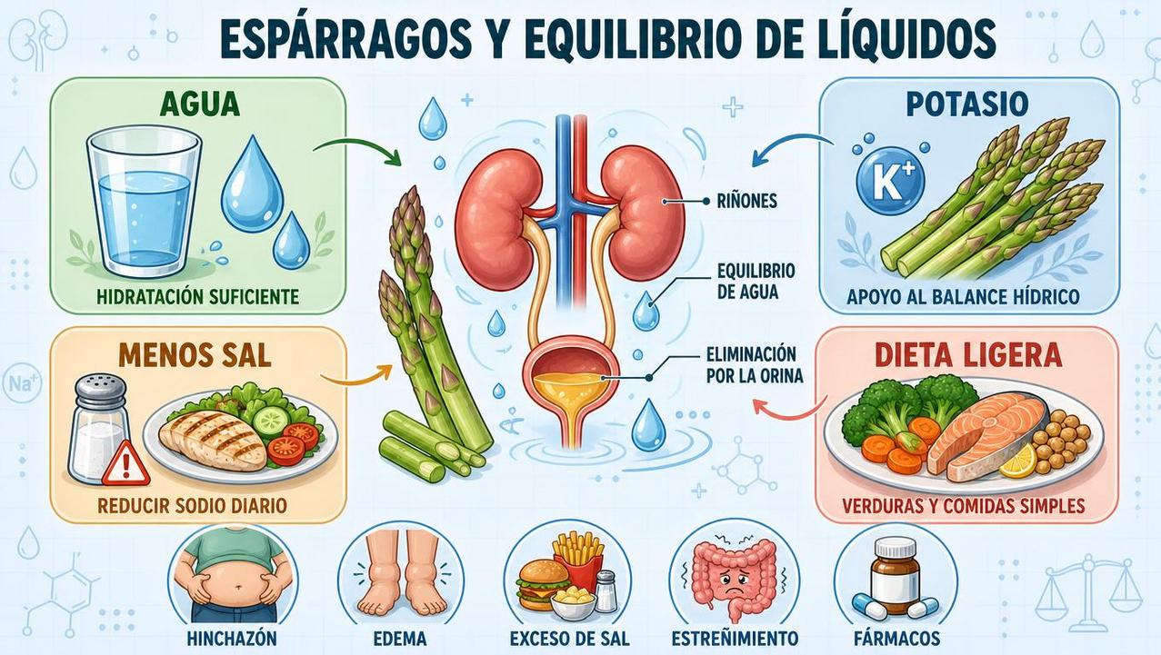 Hidratación, potasio, menos sal y dieta ligera favorecen el equilibrio de líquidos.