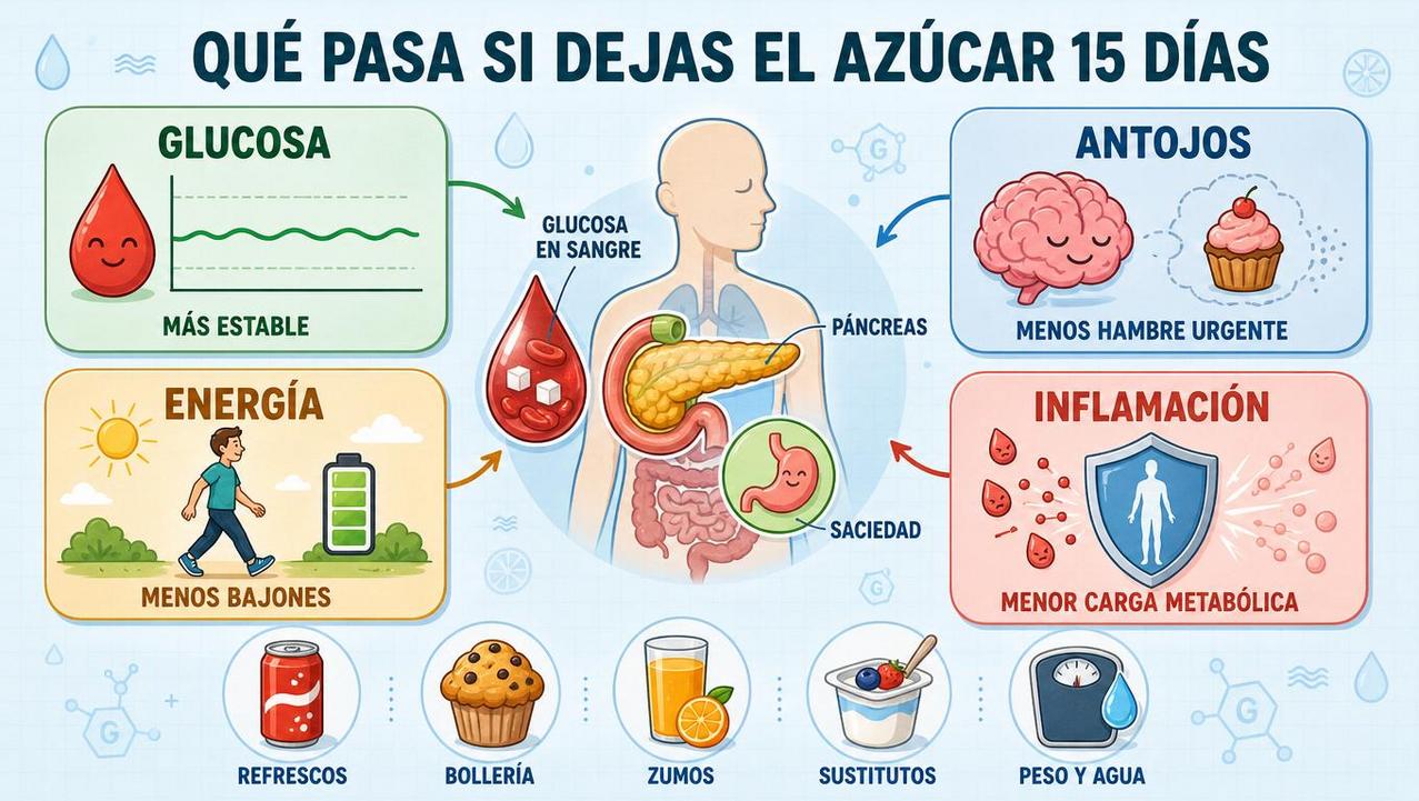 Glucosa, antojos, energía e inflamación cambian al dejar el azúcar.