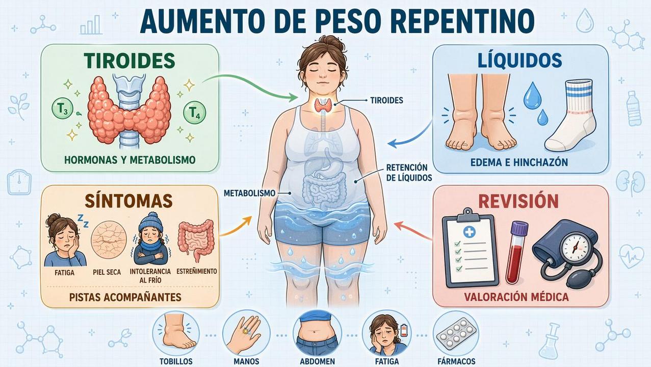 Tiroides, líquidos, síntomas y revisión médica orientan la causa del cambio.