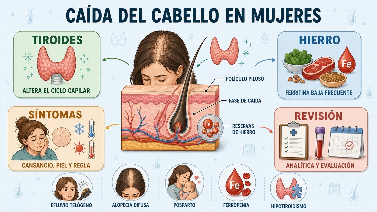 Tiroides, hierro, síntomas y revisión médica: claves ante la caída capilar.