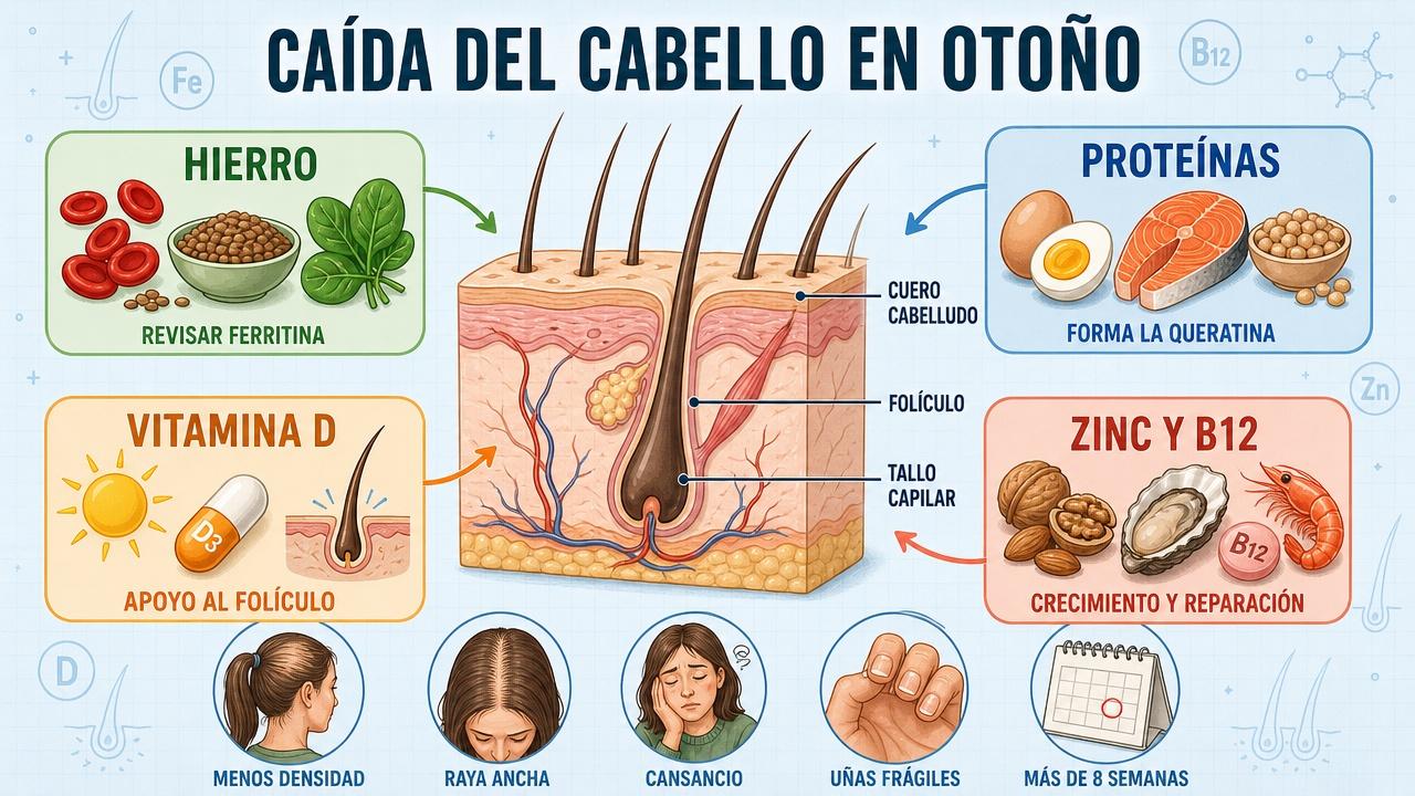 Hierro, proteínas, vitamina D y zinc orientan la revisión nutricional capilar.