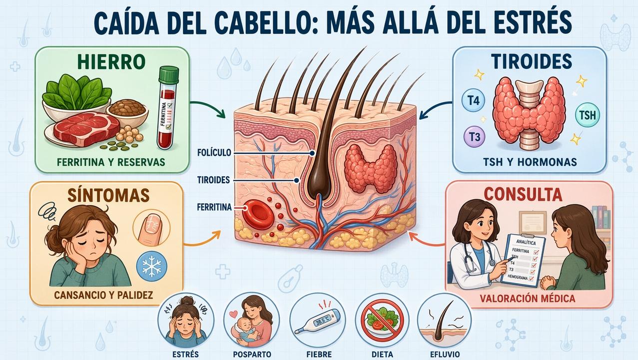 Hierro, tiroides, síntomas y consulta médica orientan el diagnóstico capilar.