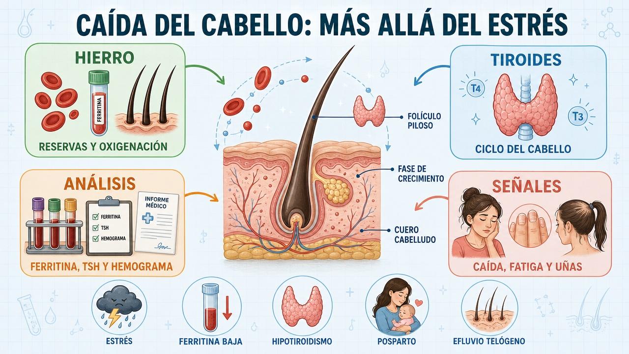 Hierro, tiroides, análisis y señales clave para entender la pérdida capilar.