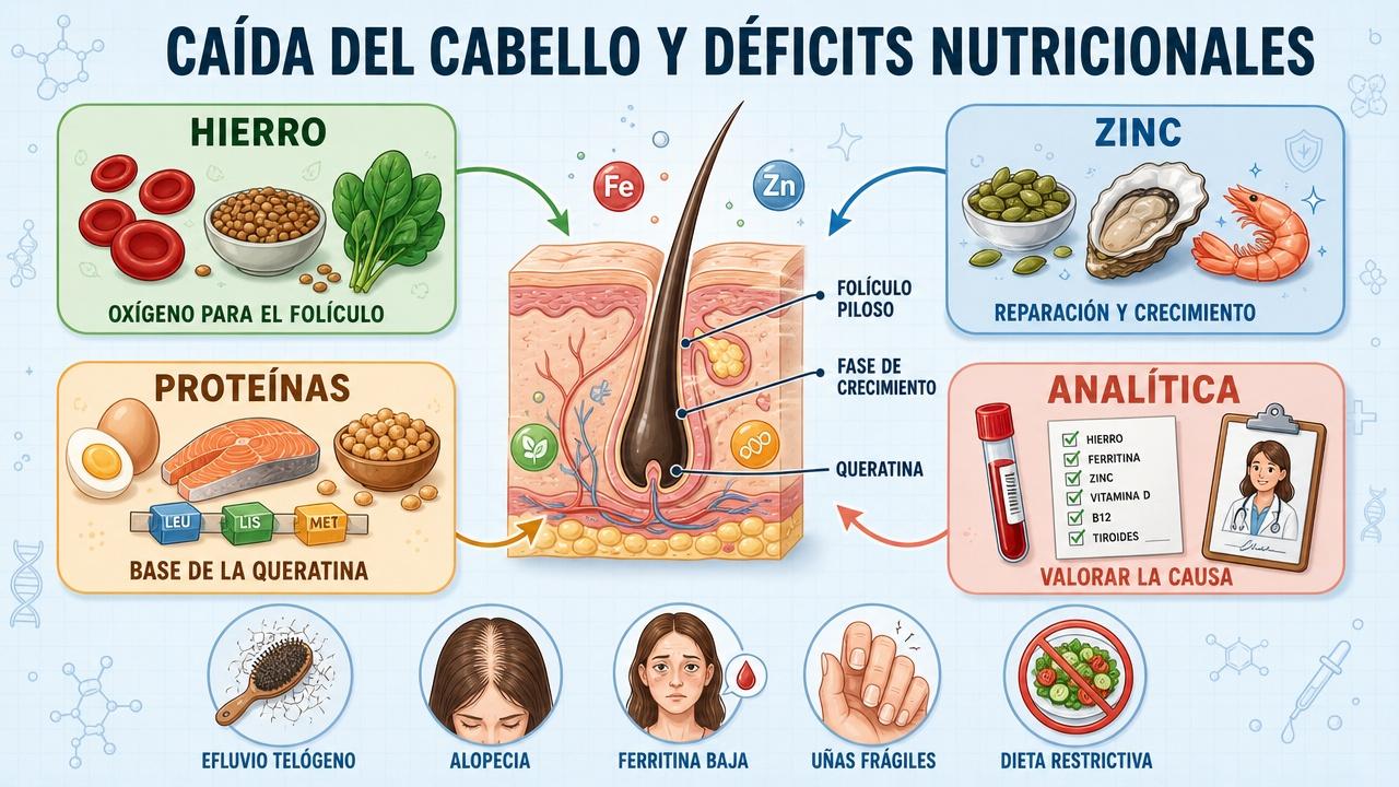 Hierro, zinc, proteínas y analítica: claves para entender la pérdida capilar.