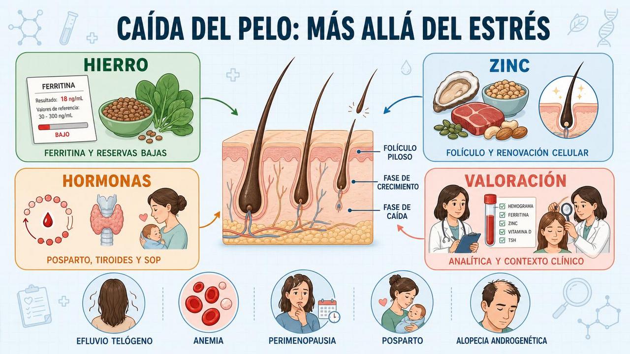 Hierro, zinc, hormonas y valoración médica explican la pérdida capilar persistente.