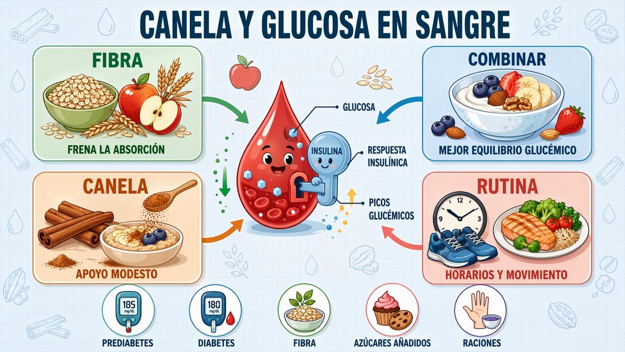 Fibra, combinación de alimentos, canela y rutina sostienen mejor la glucosa.