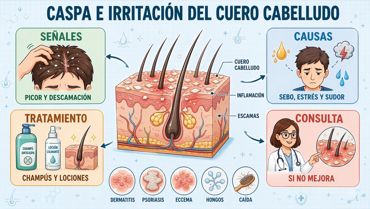 Señales, causas, tratamiento y consulta médica ante caspa con irritación.