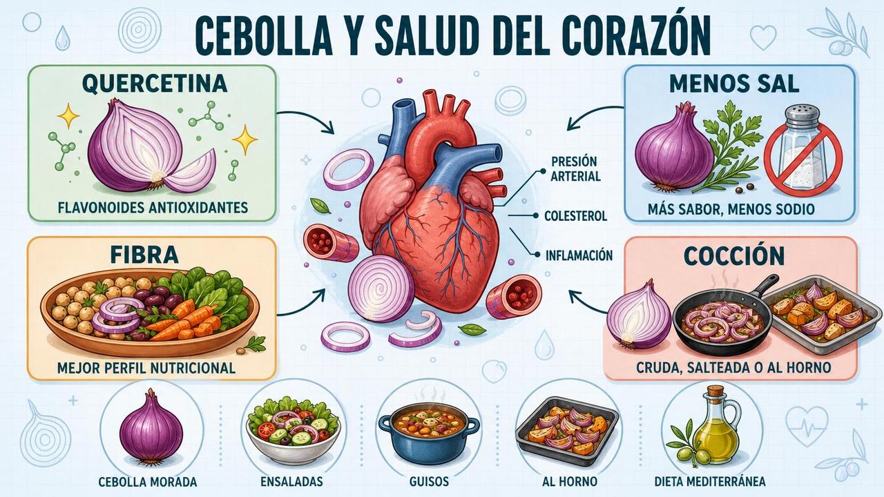Quercetina, menos sal, fibra y cocción adecuada apoyan la salud cardiovascular.