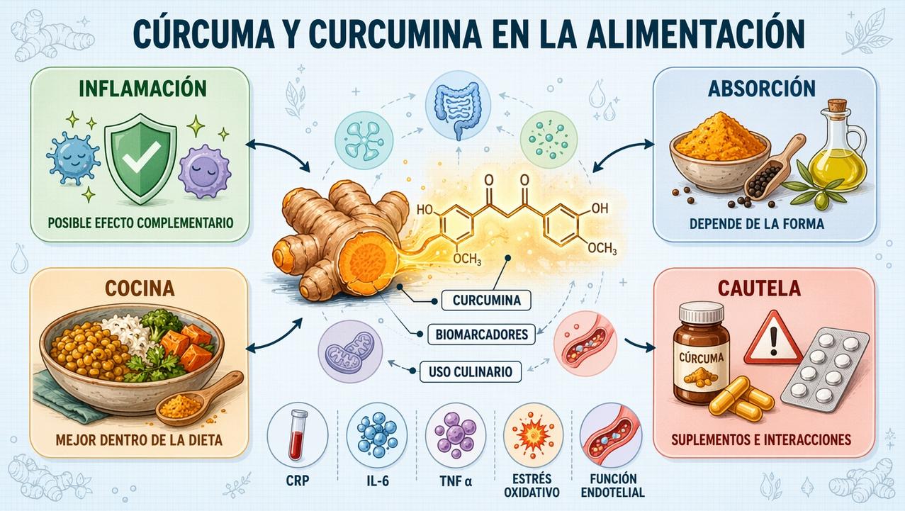 Inflamación, absorción, cocina y cautela resumen el papel realista de la cúrcuma.