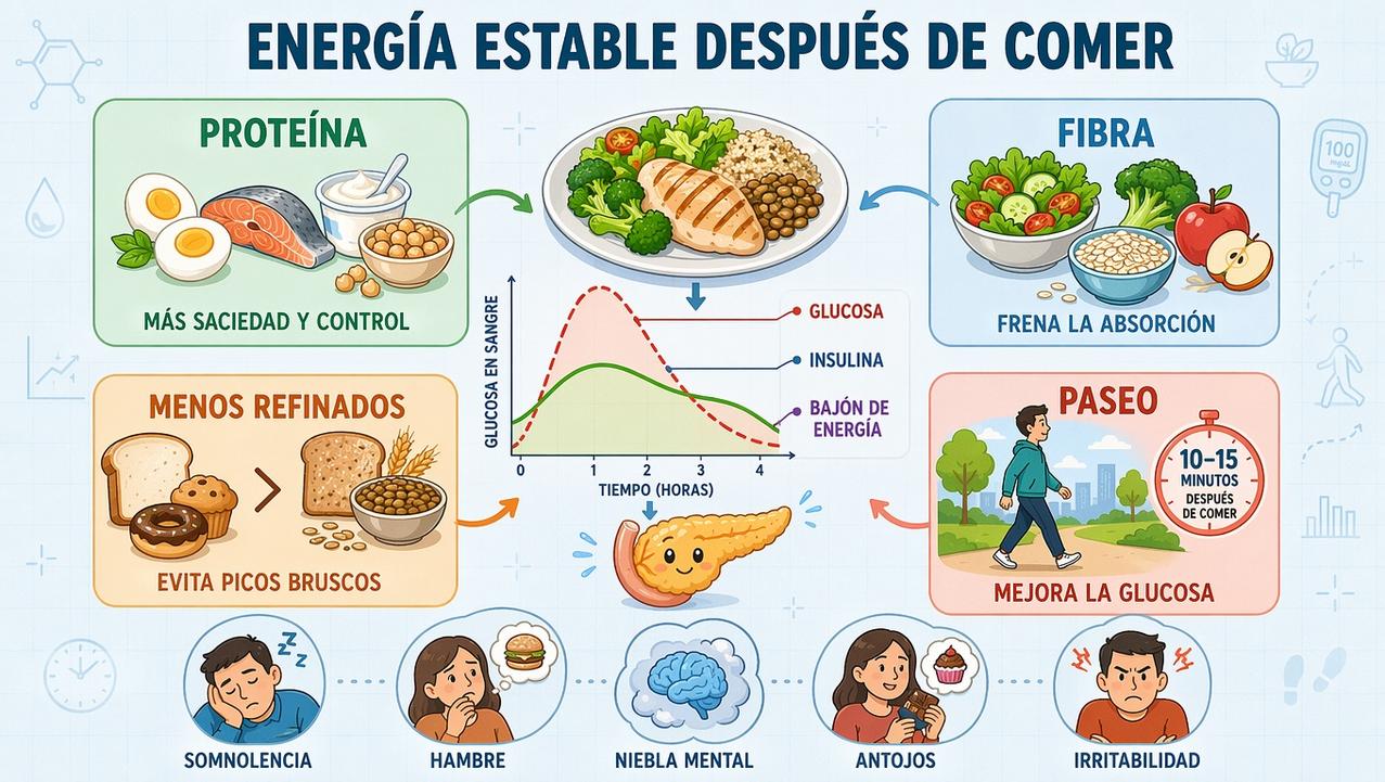 Proteína, fibra, menos refinados y paseo ayudan a estabilizar la energía.