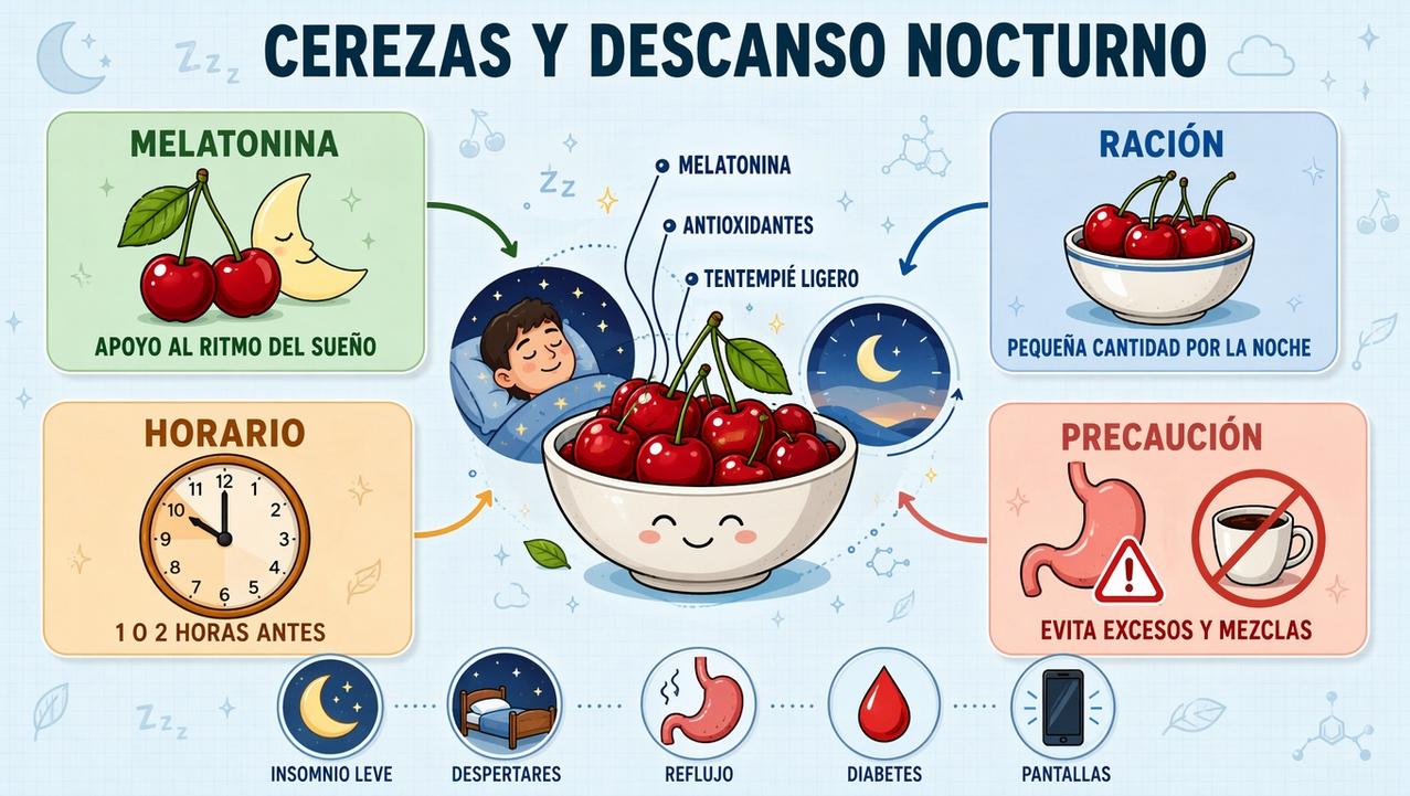 Melatonina, ración, horario y precauciones para tomar cerezas por la noche.