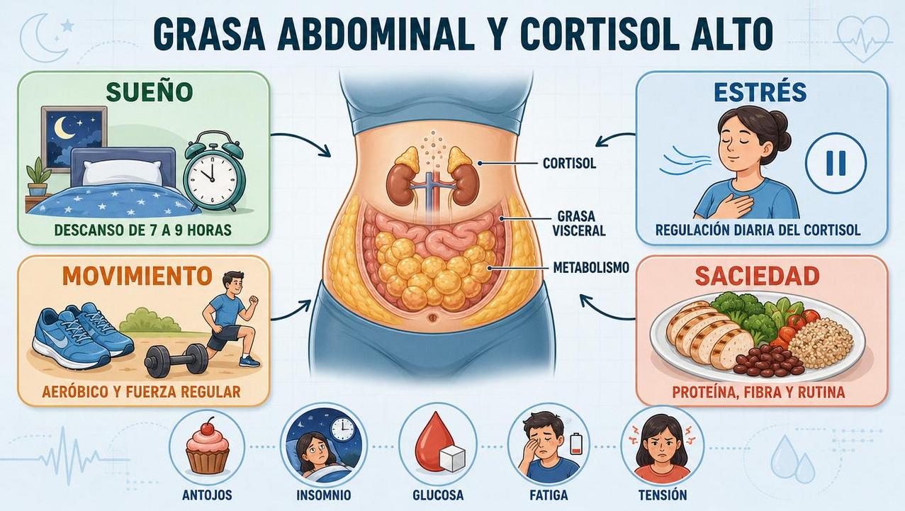 Sueño, estrés, movimiento y saciedad influyen en la grasa abdominal.