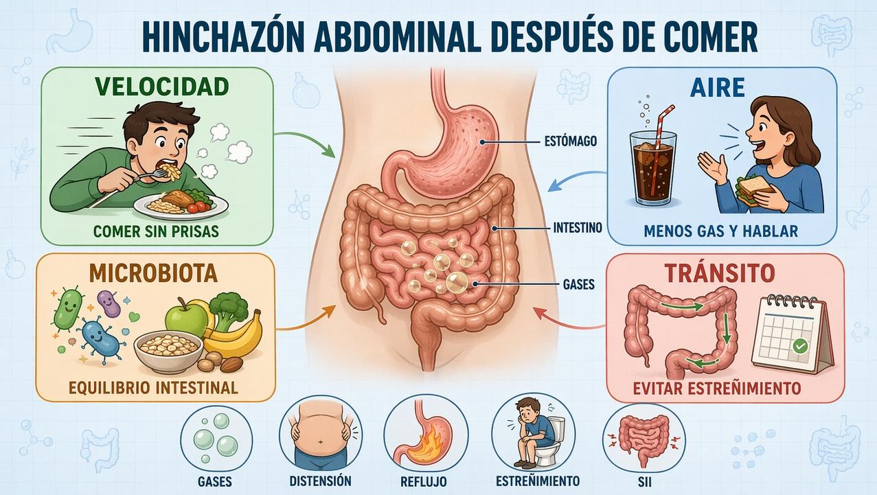 Velocidad, aire, microbiota y tránsito explican muchas molestias digestivas tras comer.