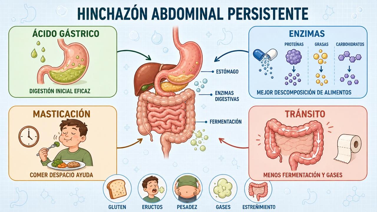 Ácido gástrico, enzimas, masticación y tránsito influyen en la distensión abdominal.