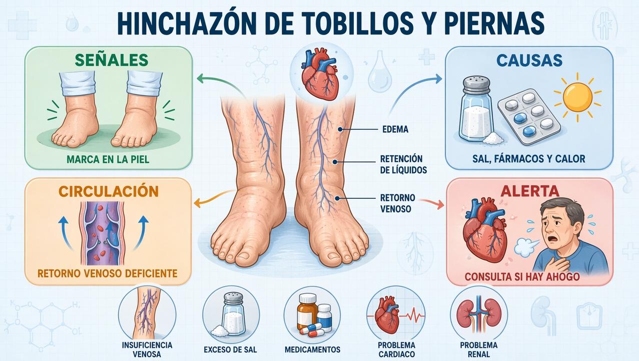 Señales, causas, circulación y alertas clave ante piernas hinchadas al final del día.