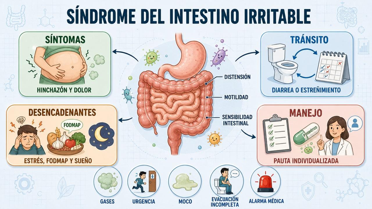 Síntomas, desencadenantes, tránsito y manejo del síndrome del intestino irritable.