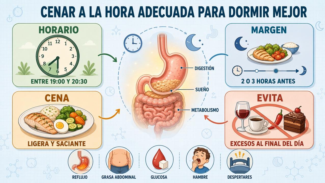 Horario, margen, composición y excesos: cuatro claves para una cena nocturna saludable.