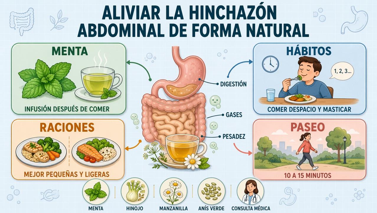 Menta, hábitos, raciones y paseo suave para reducir la hinchazón.