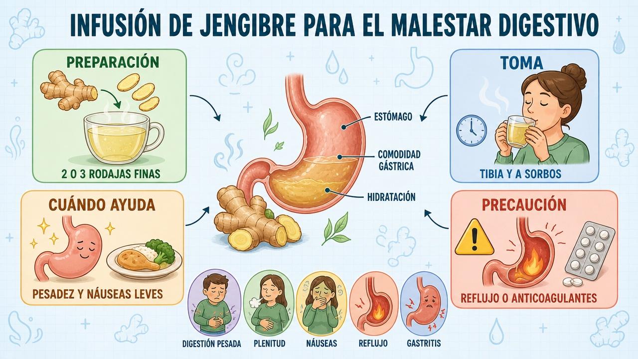 Preparación, toma, beneficios y precauciones del jengibre para el malestar digestivo.