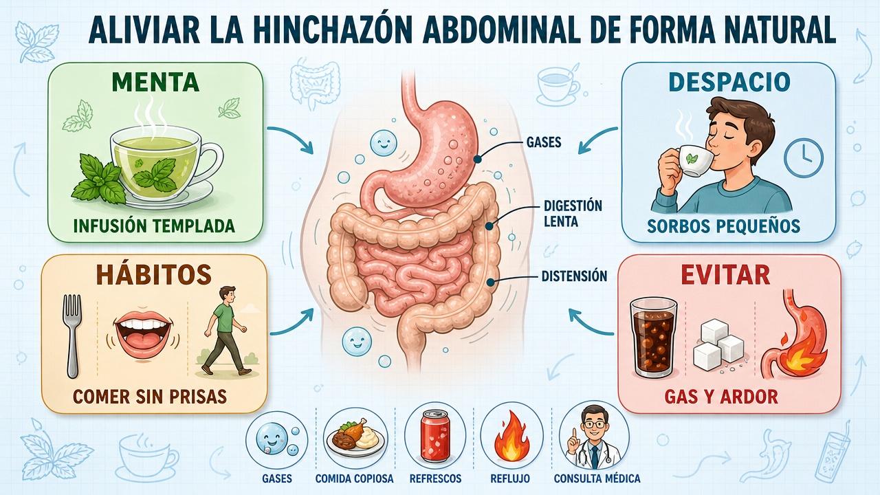 Menta, sorbos lentos y mejores hábitos digestivos para reducir la distensión.