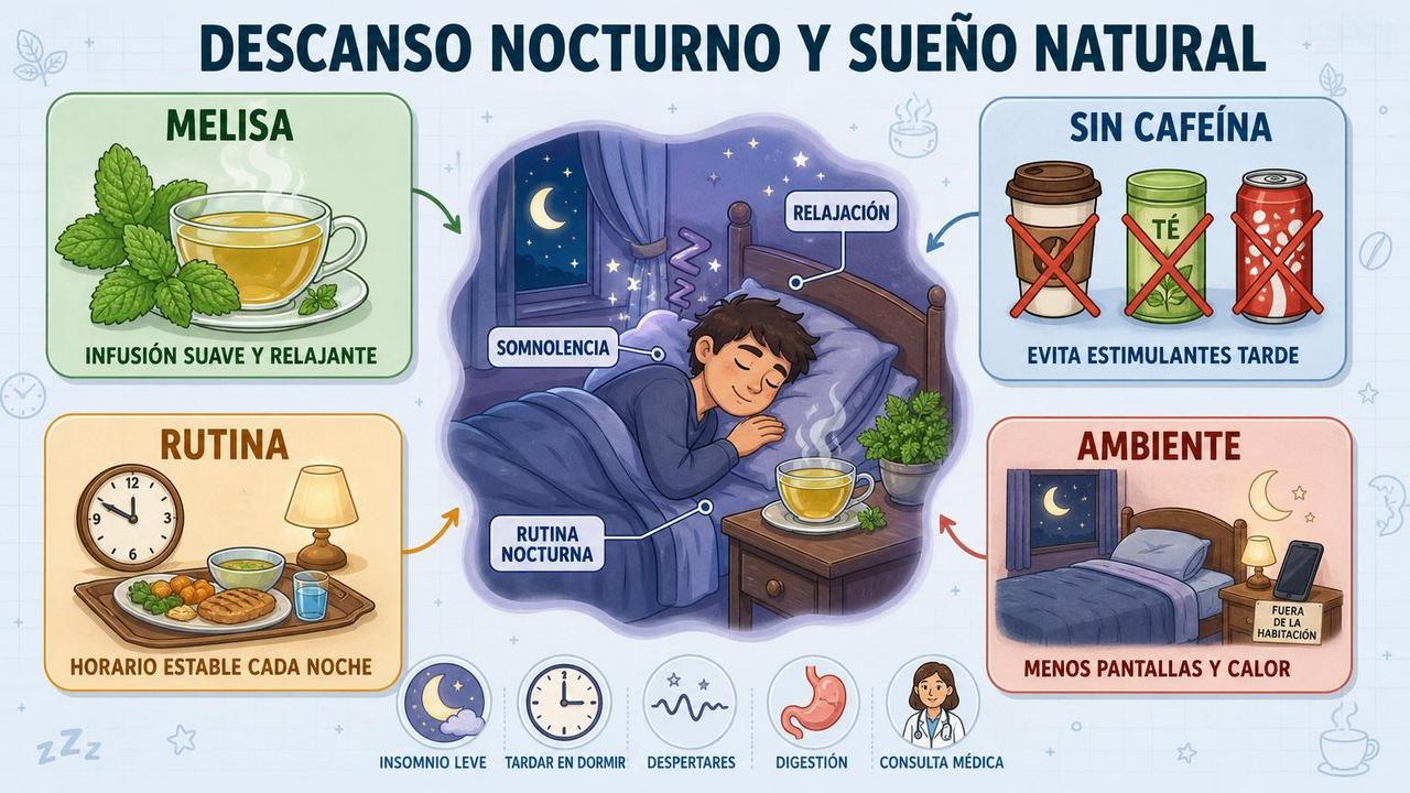 Melisa, rutina, menos cafeína y ambiente adecuado favorecen conciliar el sueño.