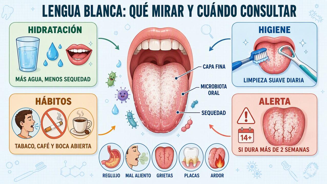 Hidratación, higiene, hábitos y señales de alarma para interpretar la lengua blanca.