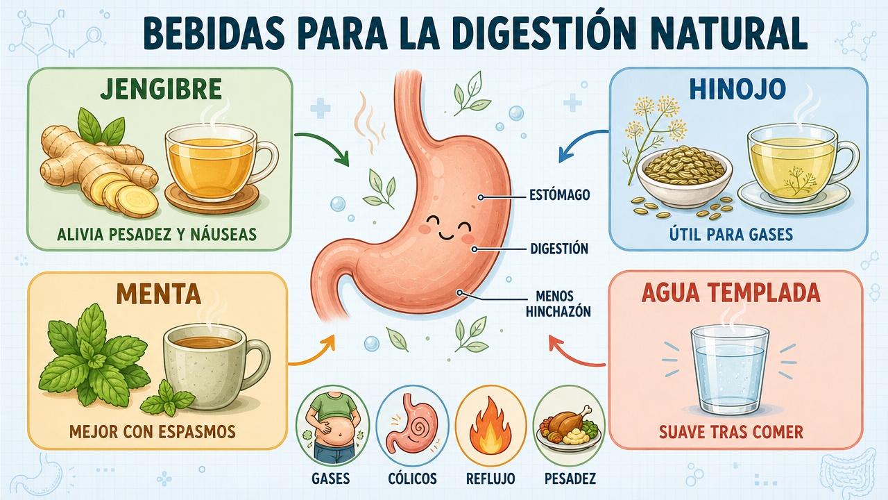Jengibre, hinojo, menta y agua templada: cuatro apoyos digestivos habituales.