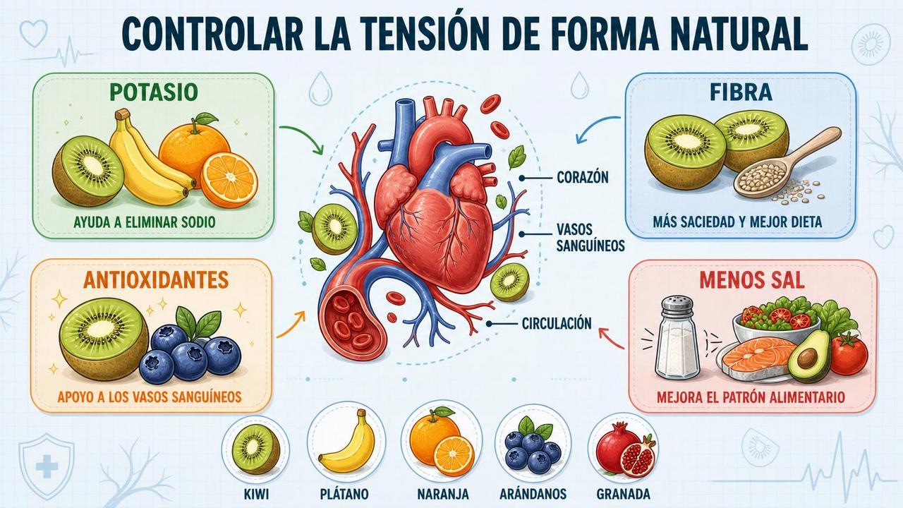 Potasio, fibra, antioxidantes y menos sal: claves dietéticas para cuidar la tensión.
