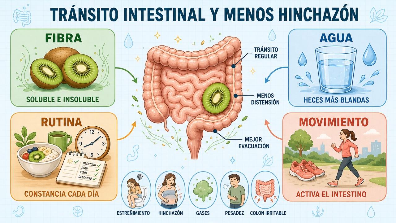 Fibra, agua, rutina y movimiento favorecen menos hinchazón y mejor tránsito.