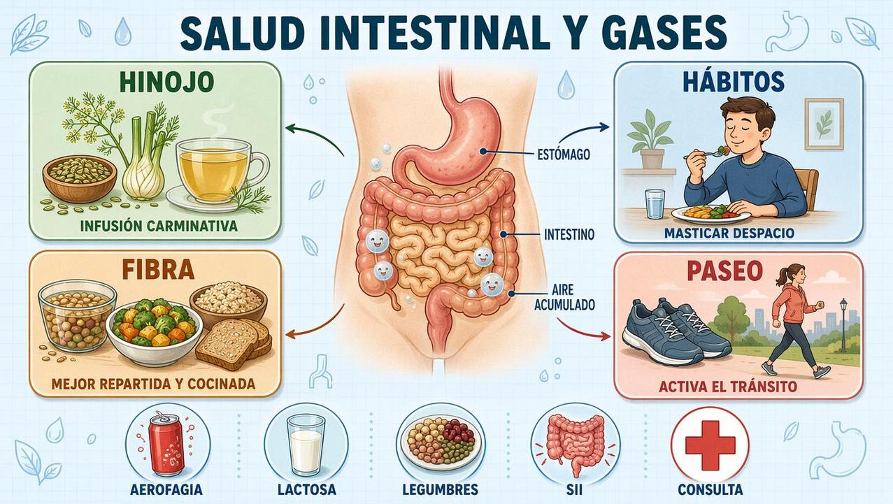Hinojo, hábitos, fibra y paseo: claves para mejorar gases intestinales.