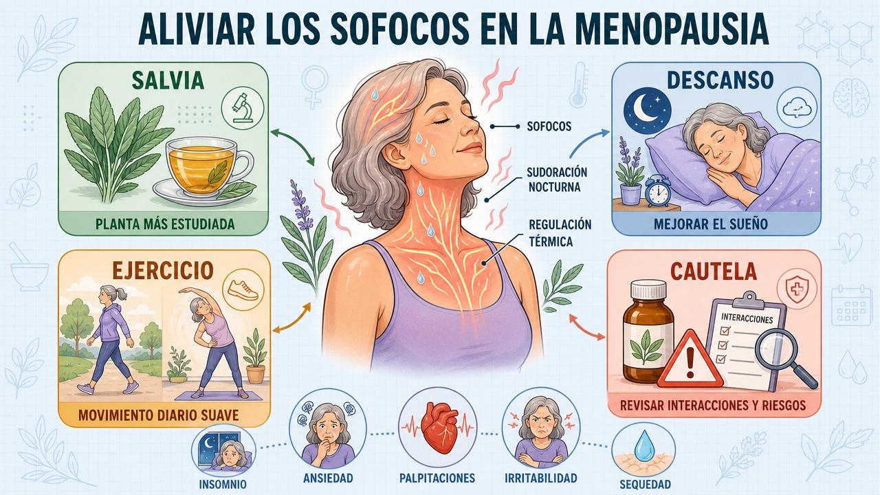 Salvia, descanso, ejercicio y cautela: pilares para aliviar sofocos menopáusicos.