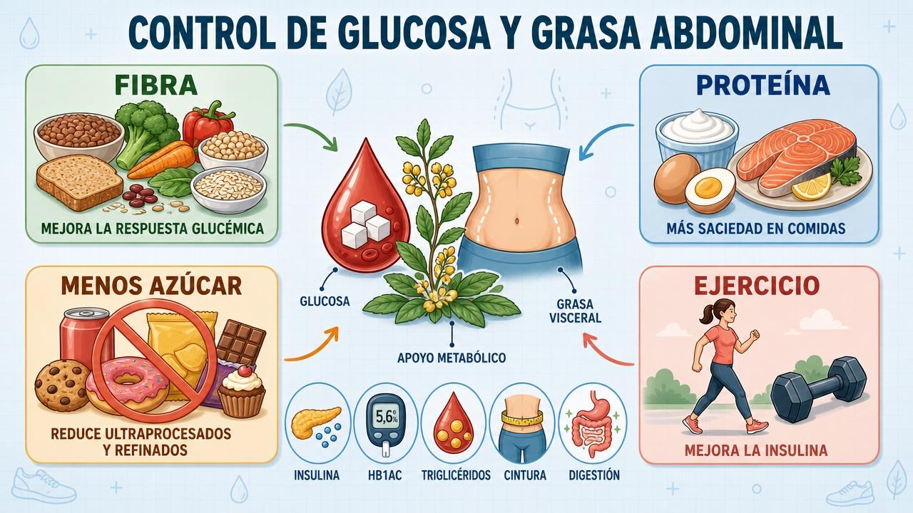 Fibra, proteína, menos azúcar y ejercicio sostienen el control metabólico.