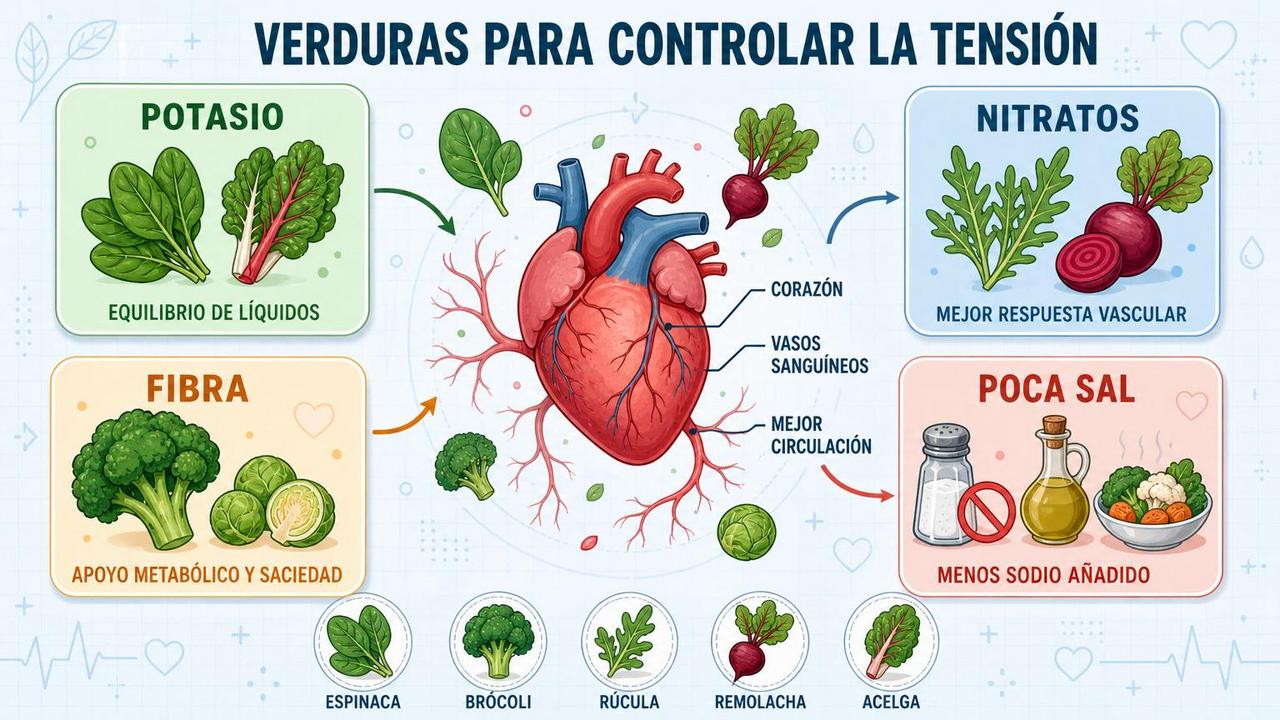 Potasio, nitratos, fibra y menos sal: claves dietéticas para la tensión.