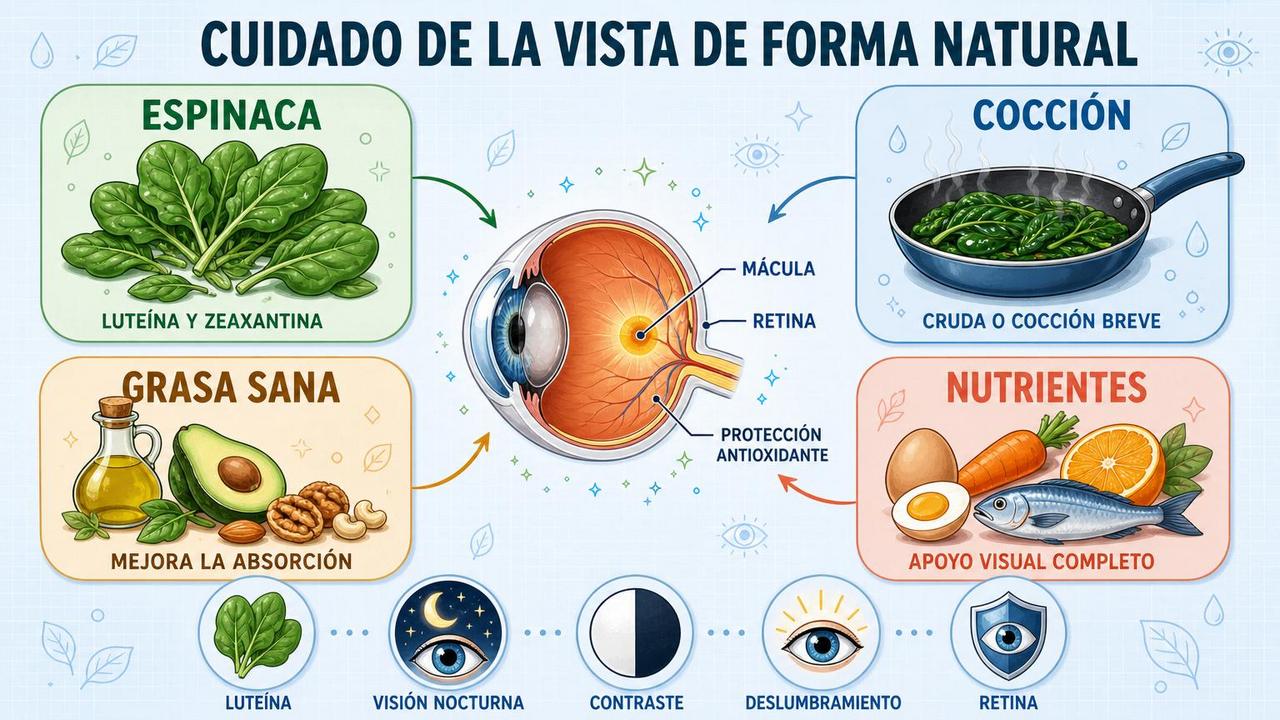 Espinaca, cocción breve, grasa saludable y nutrientes complementarios apoyan la salud ocular.