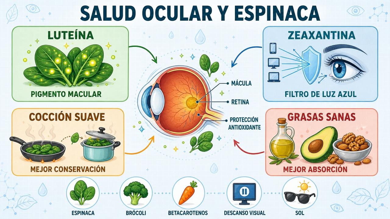 Infografía sobre luteína, zeaxantina, cocción suave y grasas saludables.