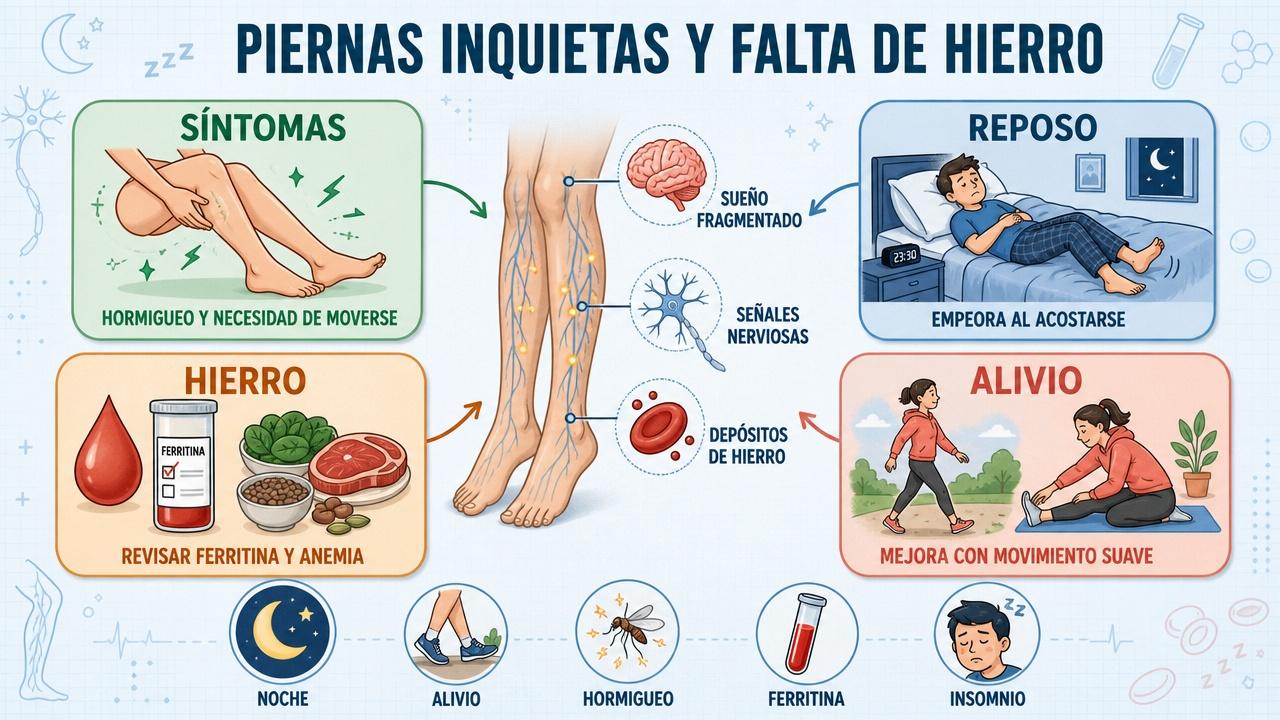 Síntomas, hierro, reposo y alivio: claves visuales del síndrome de piernas inquietas.